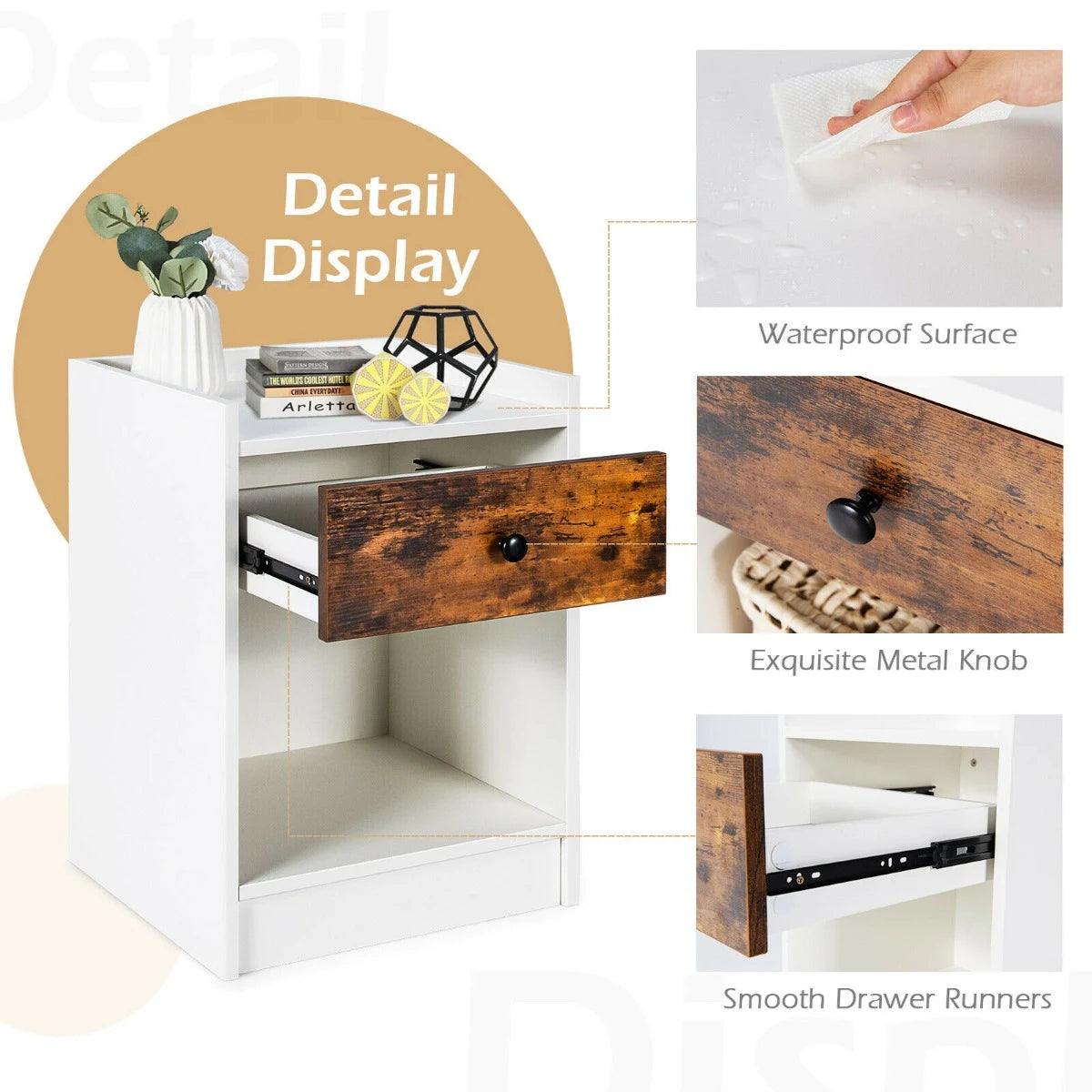 Set of 2 Nightstand with 1 Drawer and Storage Compartment