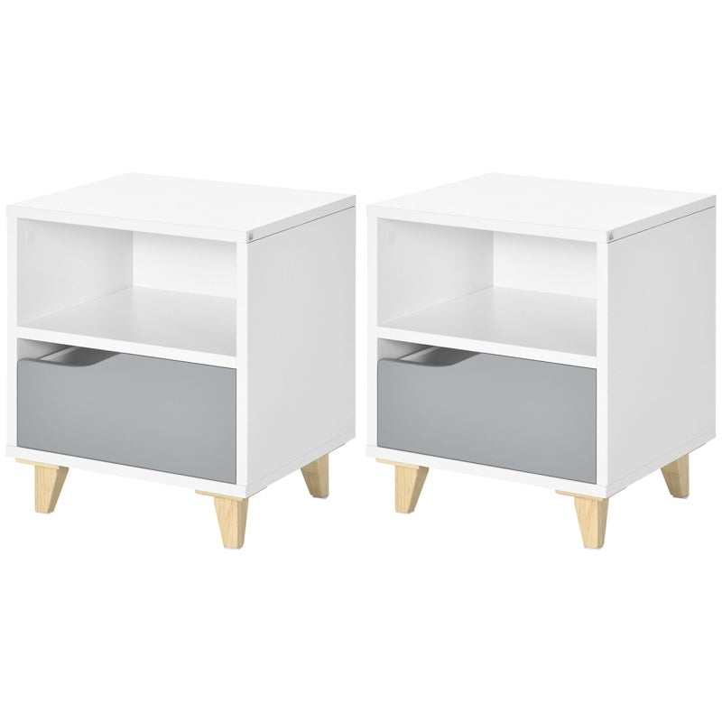 HOMCOM Set of 2 Modern Bedside Tables with Shelves, Drawers and Wood Legs, 36.8cm x 33cm x 43.8cm, White and Grey