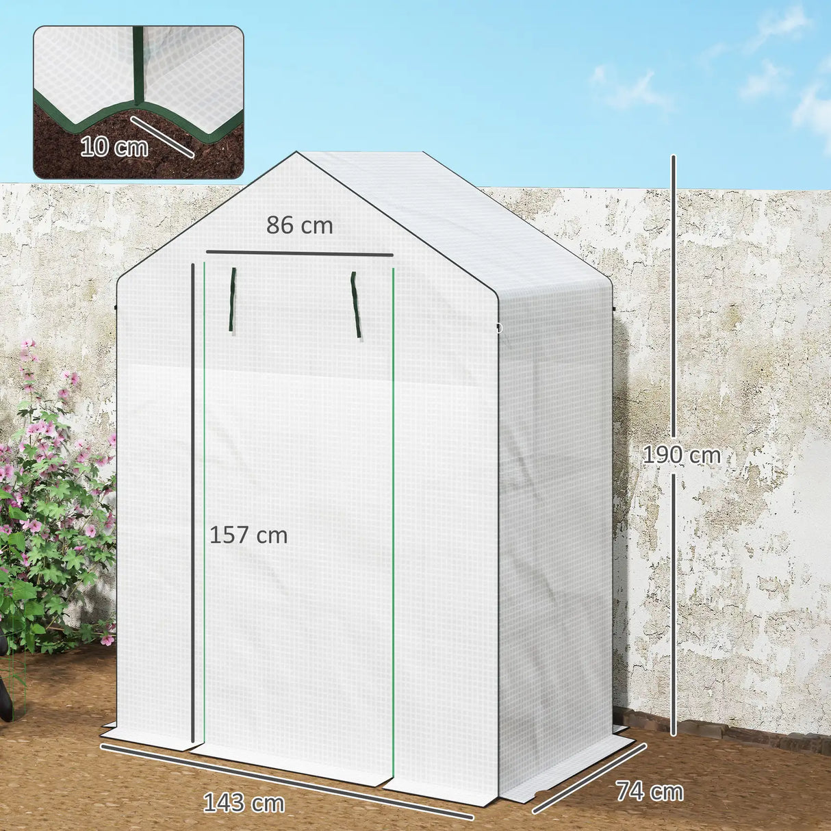 Outsunny 143 x 74cm Walk-In Greenhouse, with Shelves - White
