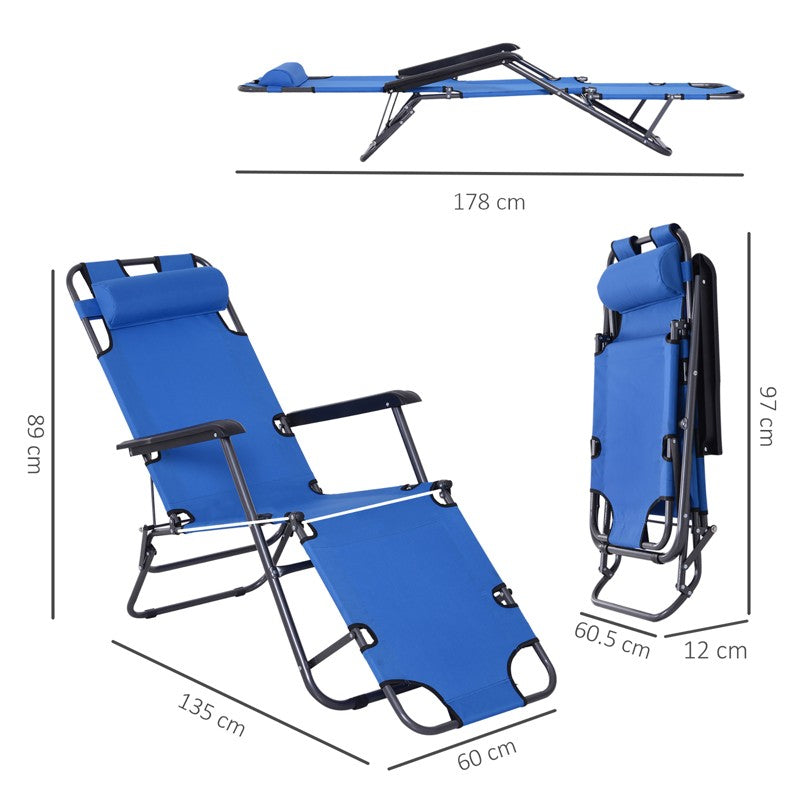 Outsunny 2 Pieces 2 in 1 Sun Lounger Folding Reclining Chair Garden Outdoor Camping Adjustable Back with Pillow, Blue