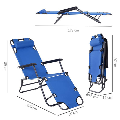 Outsunny 2 Pieces 2 in 1 Sun Lounger Folding Reclining Chair Garden Outdoor Camping Adjustable Back with Pillow, Blue