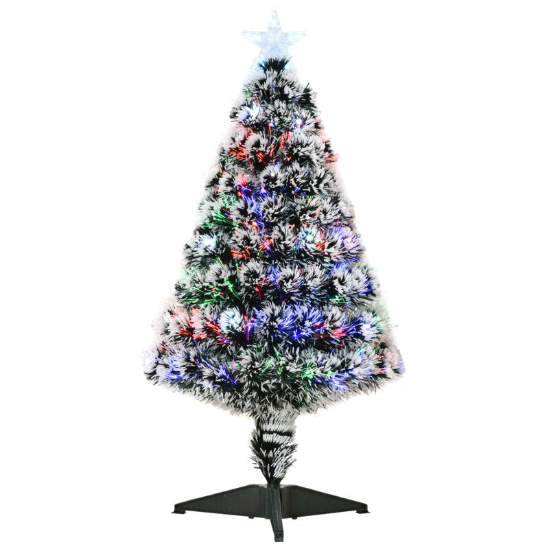 HOMCOM 3ft Artificial Prelit Christmas Tree, Snow Xmas Tree with Colourful LED Lighting Fiber Optics, Green White