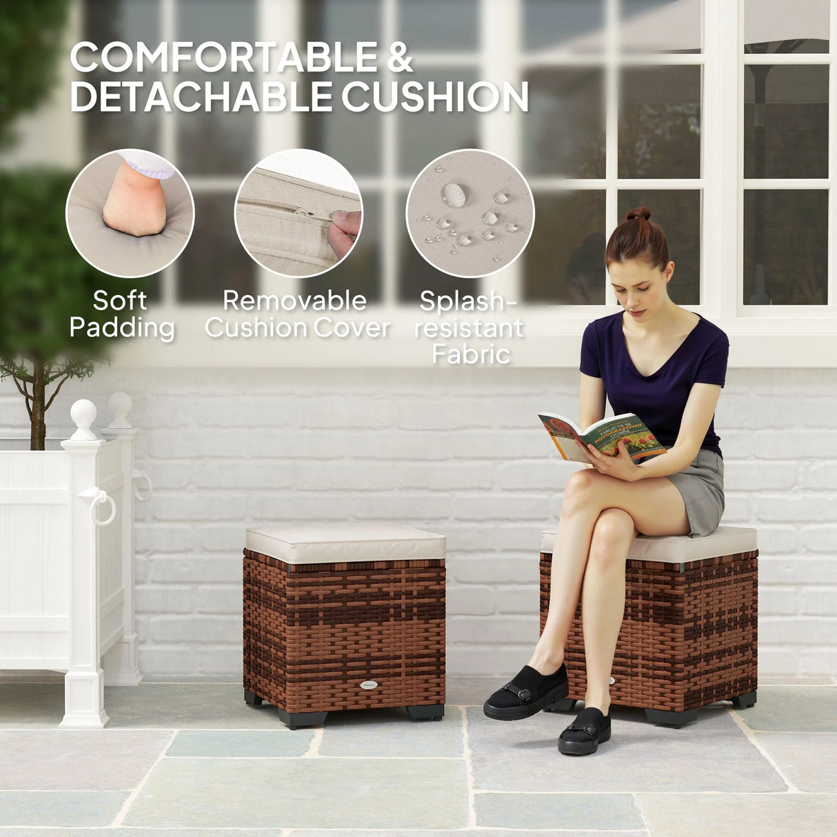 Outsunny Set of 2 Rattan Storage Ottoman, Outdoor Footstool with Removable Cushions, Garden Storage Seat for Balcony, Porch, Living Room, Beige