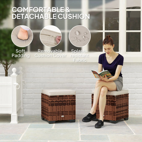 Outsunny Set of 2 Rattan Storage Ottoman, Outdoor Footstool with Removable Cushions, Garden Storage Seat for Balcony, Porch, Living Room, Beige