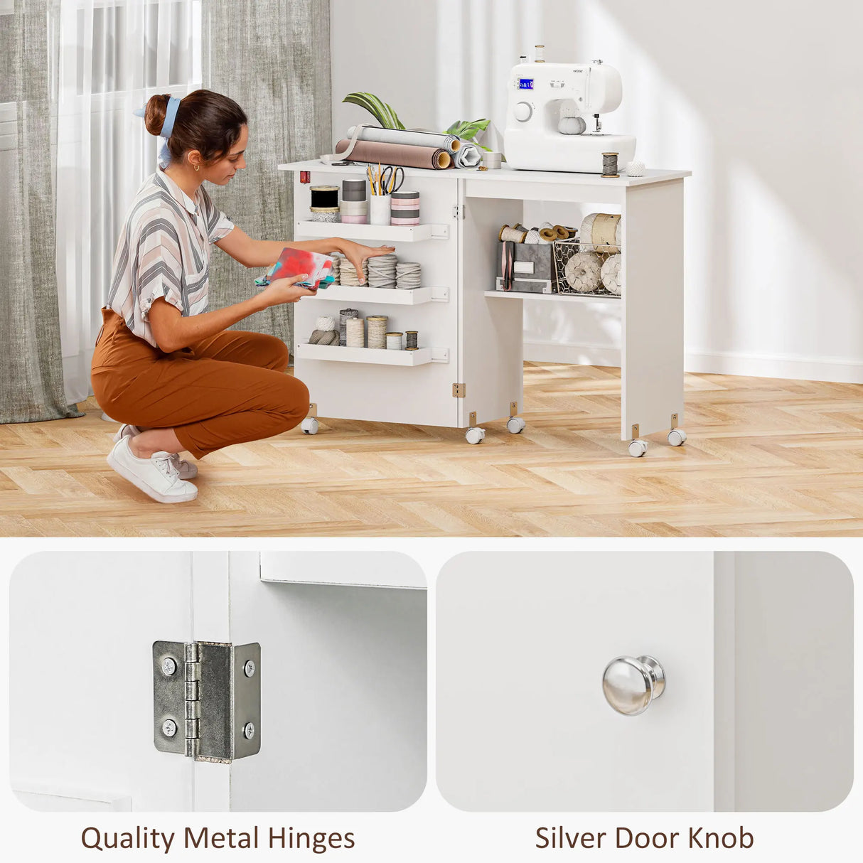 HOMCOM Folding Sewing Table, Drop Leaf Craft Table with Storage Bins, Open Shelf and Wheels, Rolling Sewing Machine Cabinet Computer Desk for Small Space, White