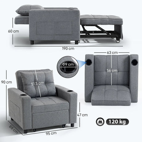 HOMCOM 3-in-1 Single Sofa Bed, Convertible Sleeper Chair Bed - Dark Grey