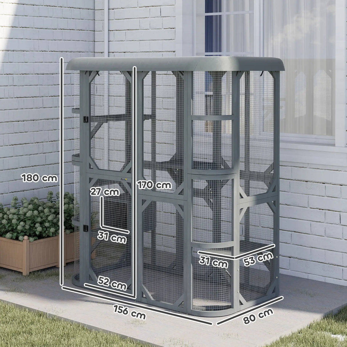 PawHut Catio Outdoor Cat Enclosure,  Wooden Cat House with Platforms, Condo and Waterproof Cover for 23 Kittens, Grey