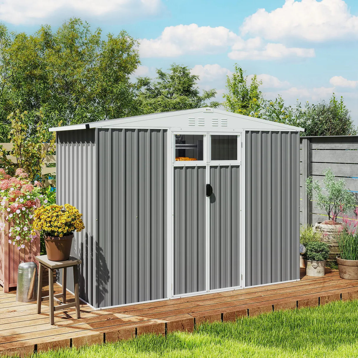 Outsunny 8 x 4 ft Metal Garden Shed, Garden Storage Shed with Window, 4 Vents and Lockable Door, Waterproof Galvanised Steel Tool Storage Shed, Light Grey