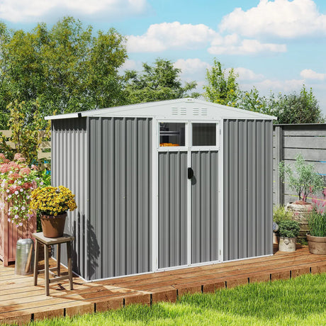 Outsunny 8 x 4 ft Metal Garden Shed, Garden Storage Shed with Window, 4 Vents and Lockable Door, Waterproof Galvanised Steel Tool Storage Shed, Light Grey