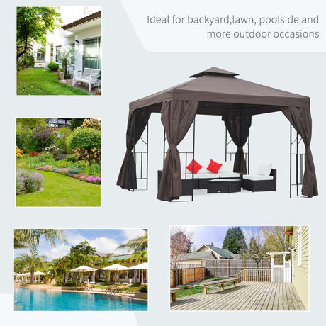 Outsunny 3 x 3 m Garden Gazebo Double Roof Marquee Patio Wedding Party Tent Canopy Shelter with Sidewalls, (Brown)