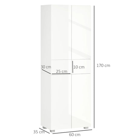 HOMCOM 4-Door Kitchen Cupboard, Tall Freestanding 5-Tier Storage Cabinet with 3 Adjustable Shelves, 2 Drawers for Living Room, Dining Room, Push to Open Design, High Gloss White