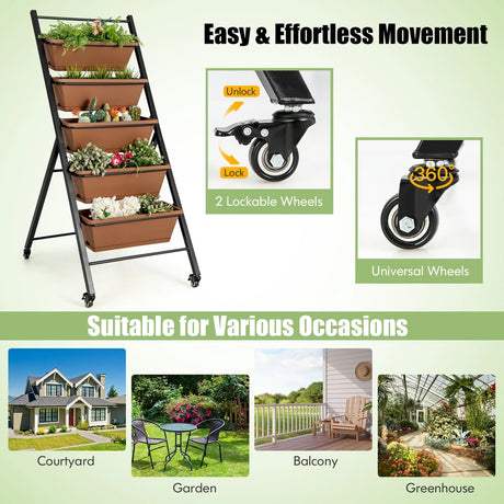 5-Tier Vertical Raised Garden Bed with Wheels and Container Boxes