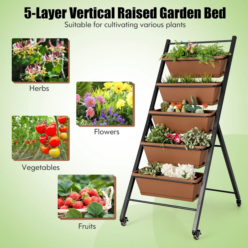 5-Tier Vertical Raised Garden Bed with Wheels and Container Boxes