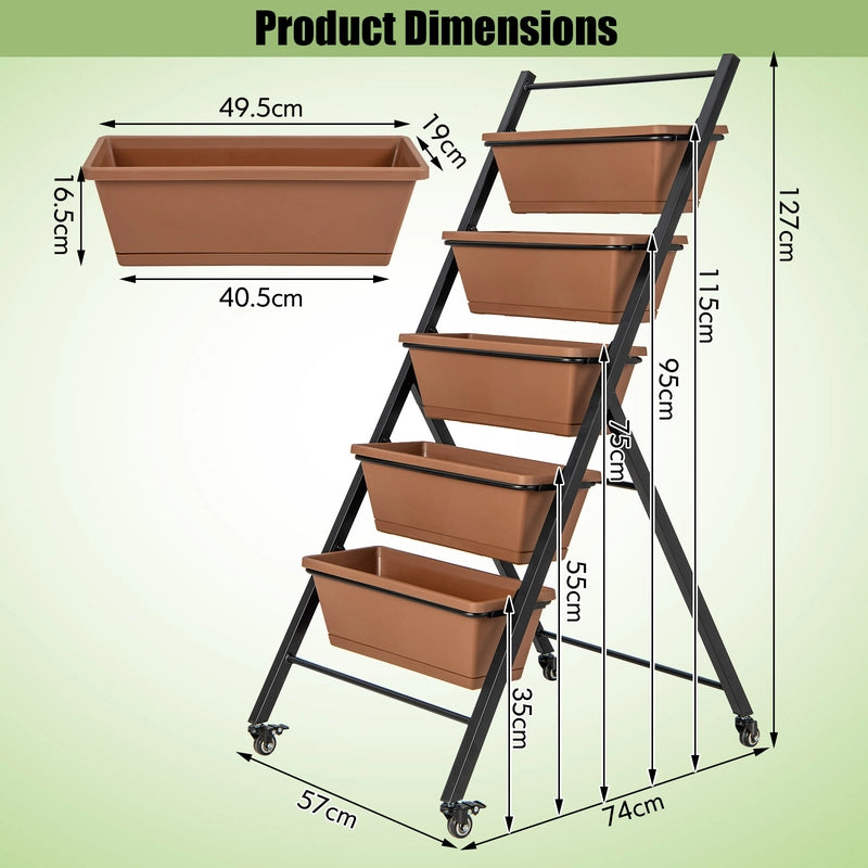 5-Tier Vertical Raised Garden Bed with Wheels and Container Boxes