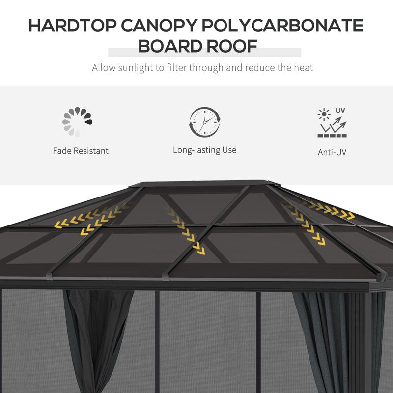 Outsunny 3 x 4m Hard Top Gazebo Garden Pavilion with Netting and Curtains, Polycarbonate Roof and Aluminium Frame