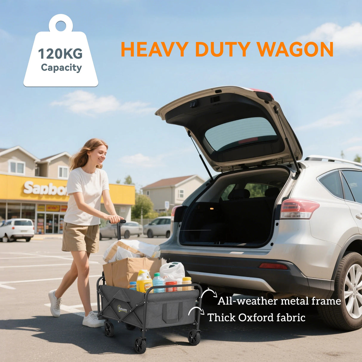 Outsunny 62L Festival Trolley on Wheels, Garden Folding Trolley Cart, 120kg Heavy Duty Collapsible Folding Wagon with Adjustable Handle and Carrying Bag for Beach, Camping, Festival, Grey