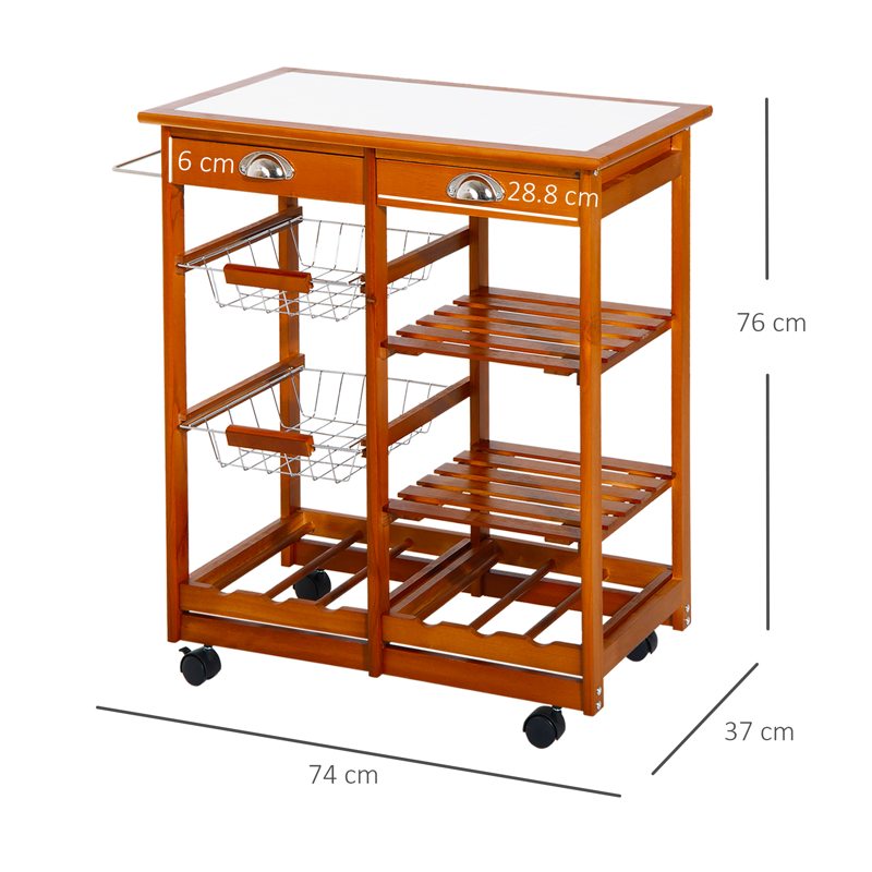 HOMCOM Rolling Kitchen Island Trolley Cart Drawer Shelves Basket Wheels W/  6 Bottle Wine Rack, Honey Colour