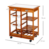 HOMCOM Rolling Kitchen Island Trolley Cart Drawer Shelves Basket Wheels W/  6 Bottle Wine Rack, Honey Colour