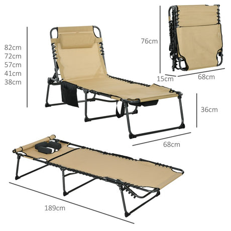 Outsunny Folding Sun Lounge with 5-level Reclining Back, Outdoor Tanning Chair with Reading Hole, Outdoor Sun Lounge with Side Pocket, Headrest, for Beach, Yard, Patio, Beige