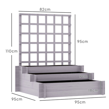 Outsunny 3 Tier Garden Planters with Trellis for Vine Climbing, Wooden Raised Beds, 95x95x110cm, Grey