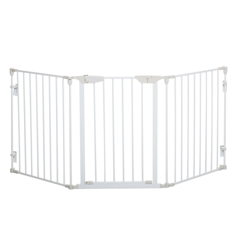 PawHut Pet Safety Gate, 3 Panels Playpen Fireplace, Metal Fence, Stair Barrier, Room Divider w/ Walk-Through Door - White