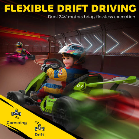 HOMCOM 24V Electric Go Kart for Kids with Adjustable Seat for 6-12 Years, Green