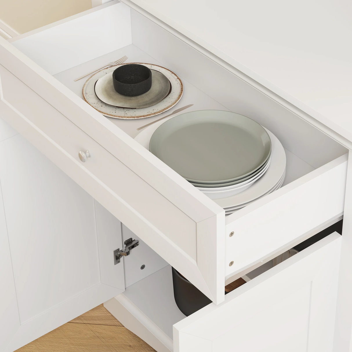 HOMCOM 4-Door Kitchen Cupboard with Drawer, Freestanding Kitchen Cabinet with Glass Doors, Adjustable Shelves and Open Counter, White