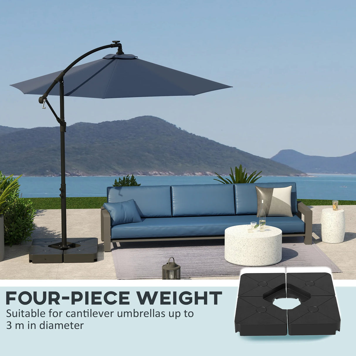 Outsunny Umbrella Weights for Cantilever Parasols, Set of 4 Heavy Duty Parasol Base Weights, 64kg Sand or 55kg Water Filled, Black