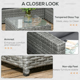 Outsunny 3 Pieces PE Rattan Garden Furniture Set with 10 cm Thick Cushions, 4 Seater Garden Corner Sofa Set with Glass Top Coffee Table, Outdoor Furniture for Patio, Porch, Grey