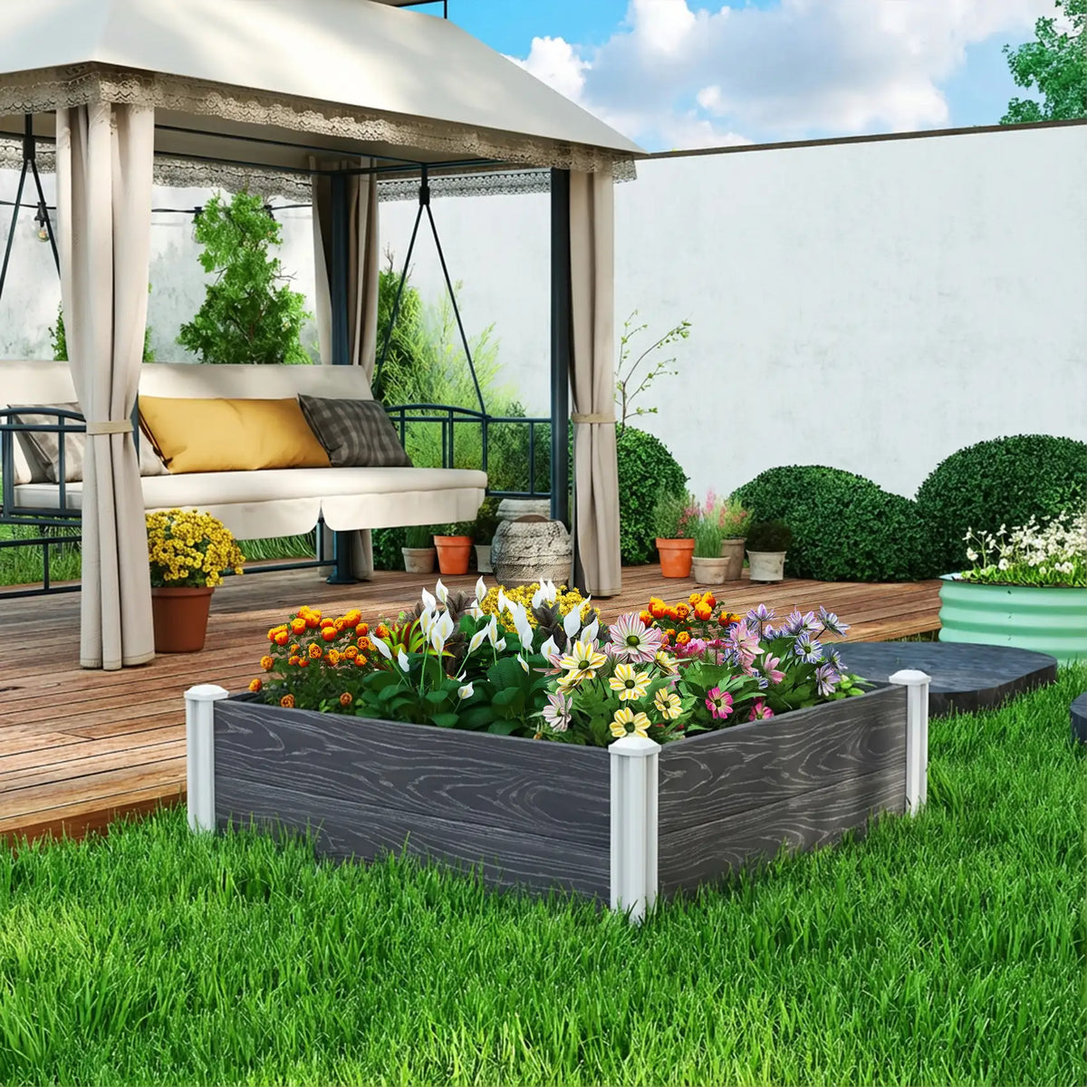 Outsunny Vinyl Raised Garden Bed Kit, 3 x 3 x 1ft Modular Elevated Garden Box with Slotting Legs and Open Bottom, Dark Grey
