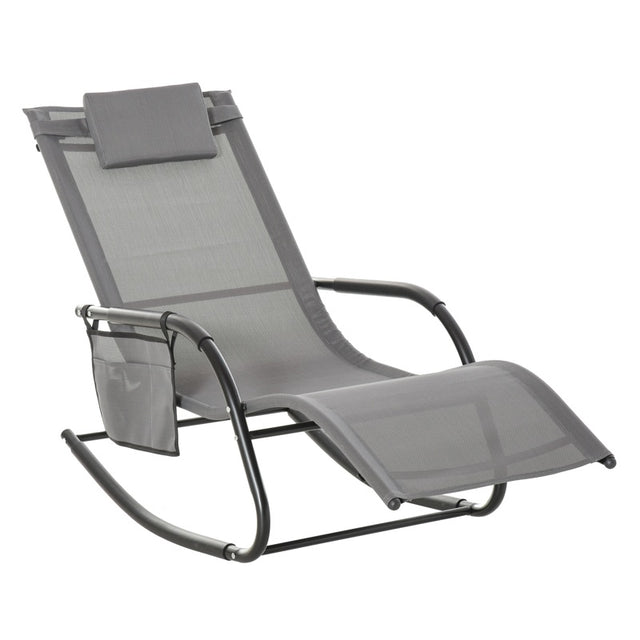 Outsunny Outdoor Garden Rocking Chair, Patio Sun Lounger Rocker Chair with Breathable Mesh Fabric, Removable Headrest Pillow, Armrest, Side Storage Bag, Grey