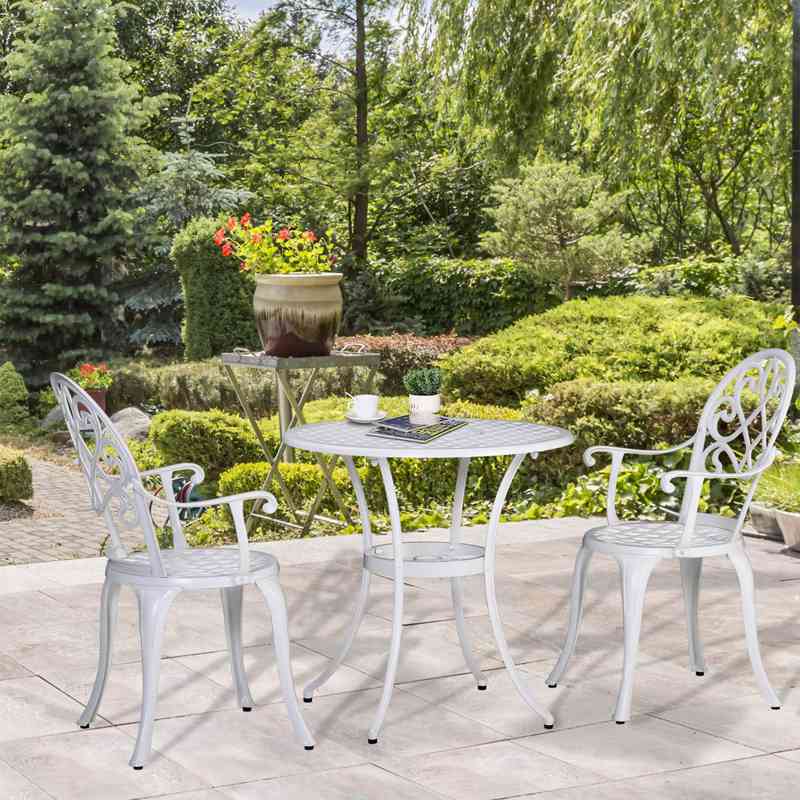 Outsunny 3PCs Garden Bistro Set Cast Aluminium Round Table with 2 Chairs for Outdoor Patio Balcony White