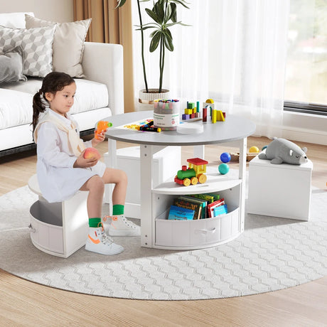 5 Piece Kids Table and Chair Set with 4 Storage Stools-Grey