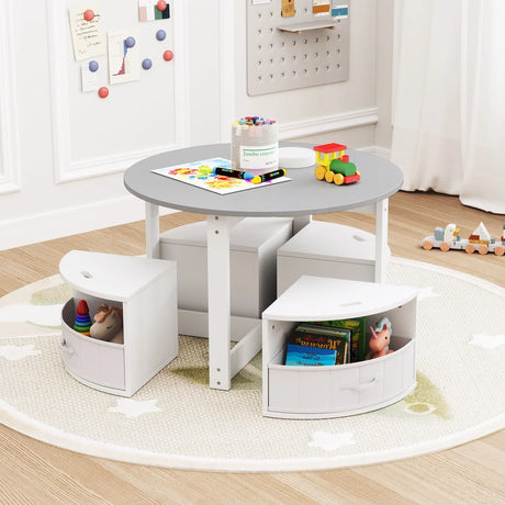 5 Piece Kids Table and Chair Set with 4 Storage Stools-Grey
