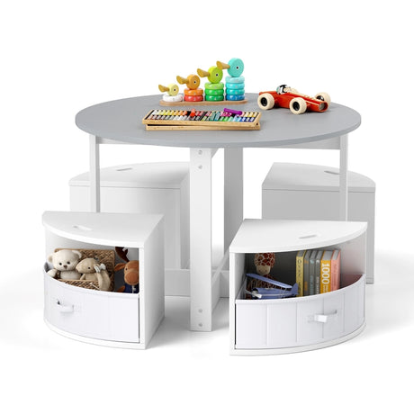 5 Piece Kids Table and Chair Set with 4 Storage Stools-Grey