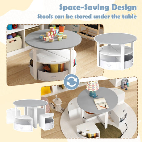 5 Piece Kids Table and Chair Set with 4 Storage Stools-Grey