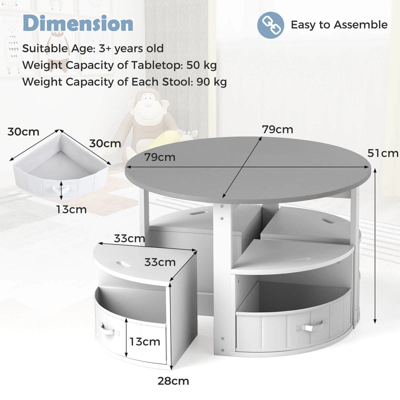 5 Piece Kids Table and Chair Set with 4 Storage Stools-Grey