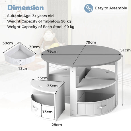 5 Piece Kids Table and Chair Set with 4 Storage Stools-Grey