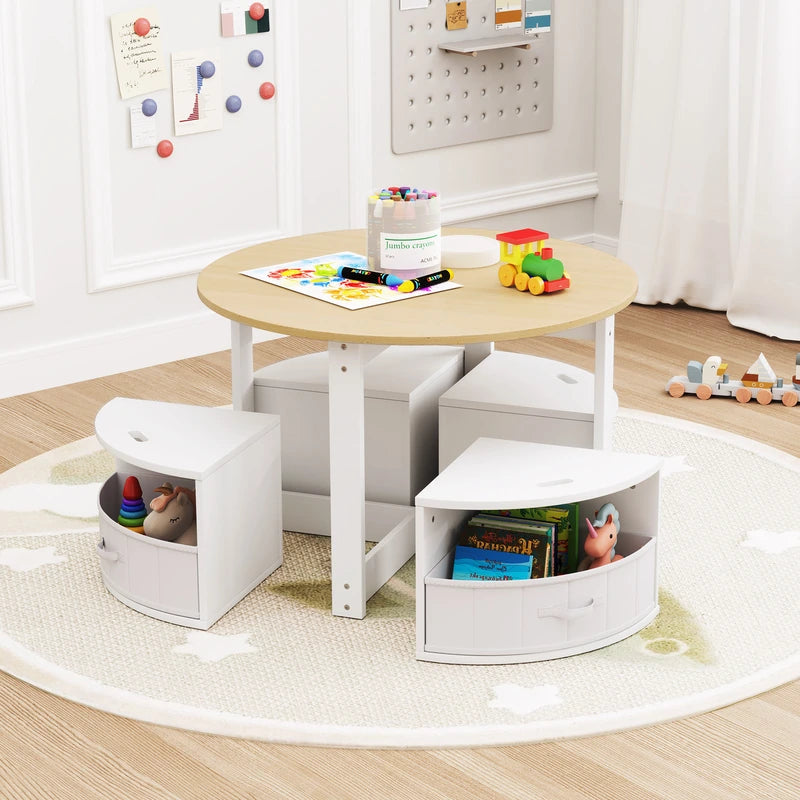 5 Piece Kids Table and Chair Set with 4 Storage Stools-Natural