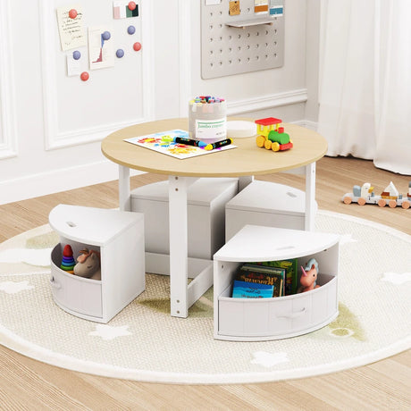 5 Piece Kids Table and Chair Set with 4 Storage Stools-Natural