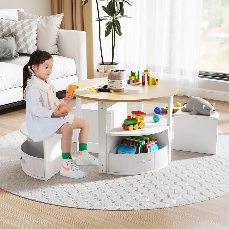 5 Piece Kids Table and Chair Set with 4 Storage Stools-Natural