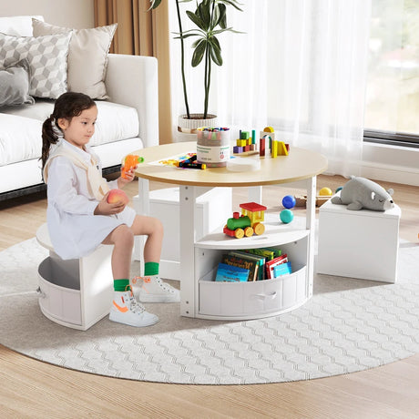 5 Piece Kids Table and Chair Set with 4 Storage Stools-Natural