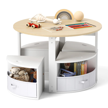 5 Piece Kids Table and Chair Set with 4 Storage Stools-Natural