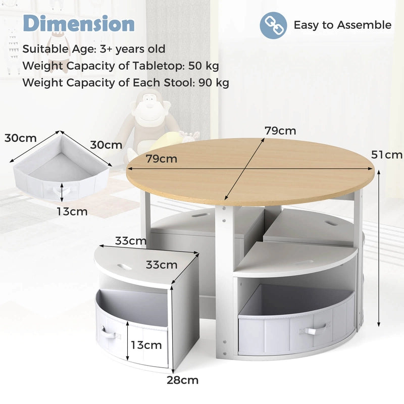 5 Piece Kids Table and Chair Set with 4 Storage Stools-Natural