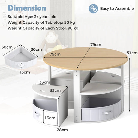 5 Piece Kids Table and Chair Set with 4 Storage Stools-Natural
