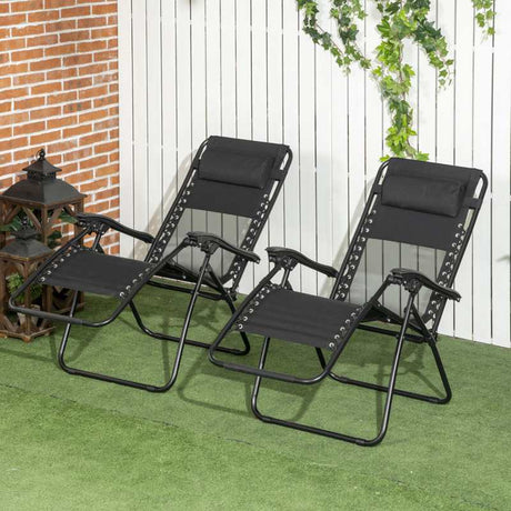 Outsunny Garden Recliner Chairs Set of 2, Outdoor Foldable Zero Gravity Chairs Set w/ Footstool and Detachable Headrest, Black