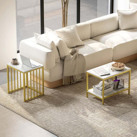 HOMCOM Modern Coffee Table Set of Two, Marble-Effect Nesting Side Tables with Steel Frame for Living Room, Gold Tone