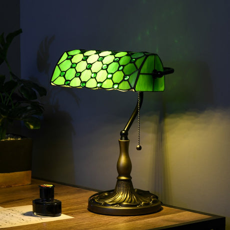 HOMCOM Stained Glass Table Lamp, Vintage Lamp with Green Handmade Shade, Metal Base, Antique Bedside Lamp for Bedroom Living Room Home Decoration