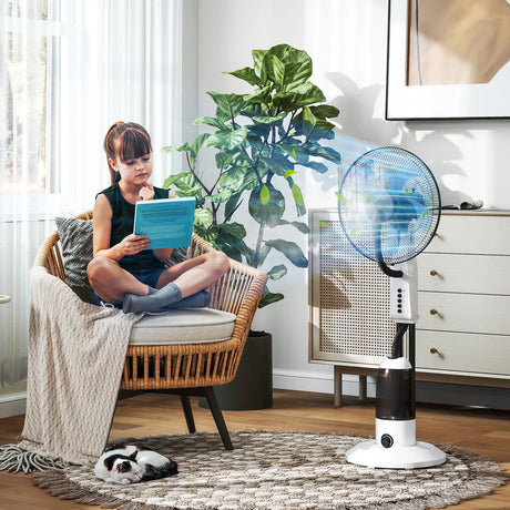 HOMCOM Spray Misting Fan, Floor Fan with Water Mist Spray, 70 Oscillation, Tilt Head, 3 Speeds, 2.8L Water Tank, White