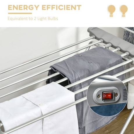 HOMCOM Electric Heated Clothes Dryer, Folding Energy-Efficient Indoor Airer with Extendable Wings, Laundry Drying Horse Rack, Silver